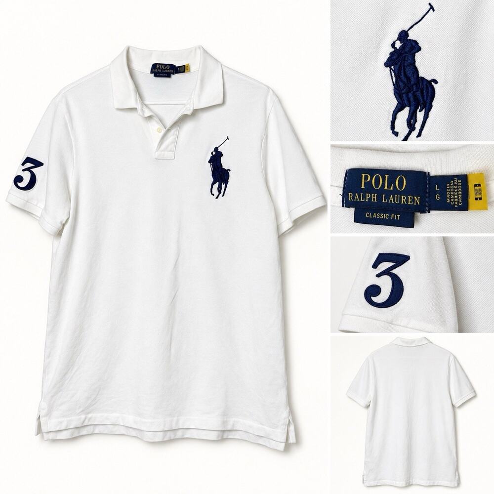 Polo Ralph Lauren L Large Classic Big Pony Embroidered Top Shirt White Navy 3